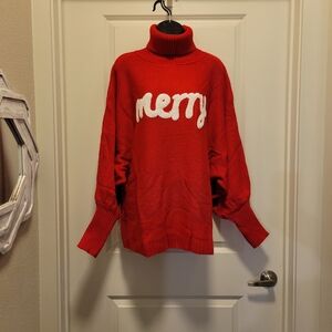Red & White Merry Plus Boutique Christmas Turtleneck Dolman Sweater